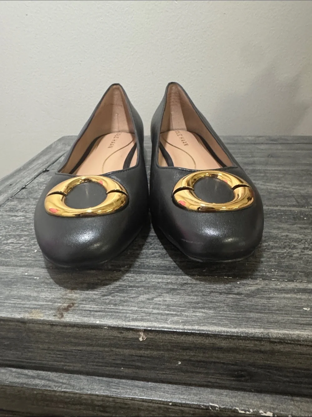 Cole Haan Black Leather Ballet Flats with Gold Circle Hardware - Picture 4 of 6